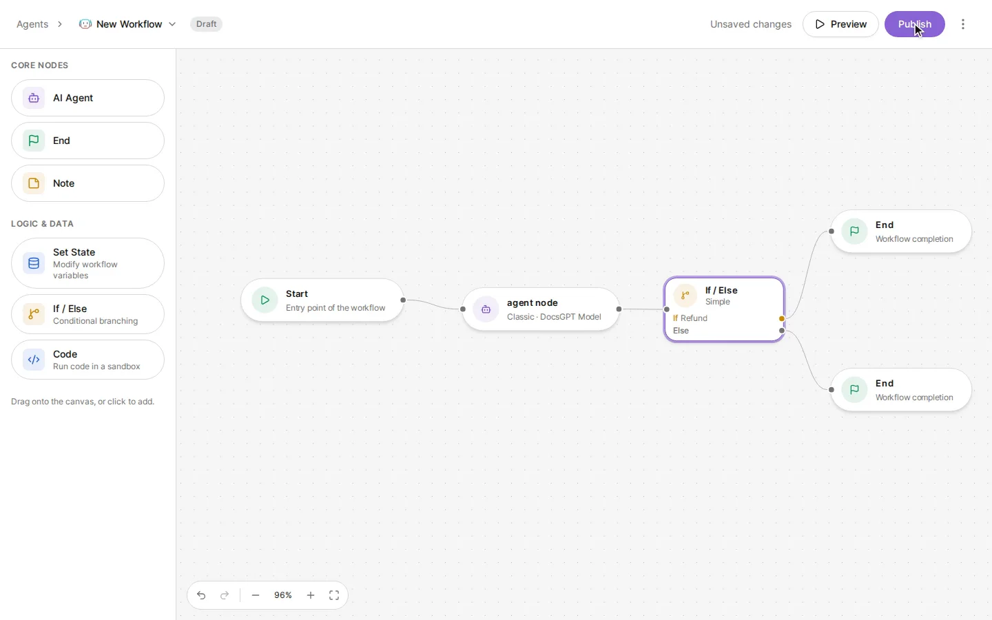 Current DocsGPT workflow builder showing an agent, an If / Else branch, and two end nodes.